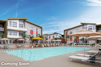 a large swimming pool with lounge chairs and umbrellas in front at Canyon Terrace Apartments in Folsom, CA 95630